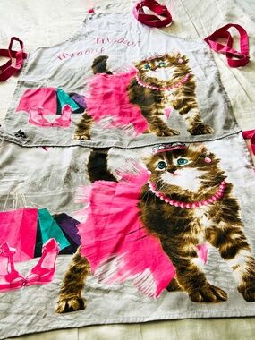 APRON, LONG, MEOW MEOW CATS, PINK & GREY, 52 inches LONG, IN BAG, NEVER USED,
